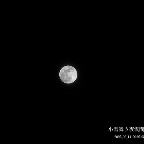 小雪舞う夜 一瞬の雲間に姿を見せた満月