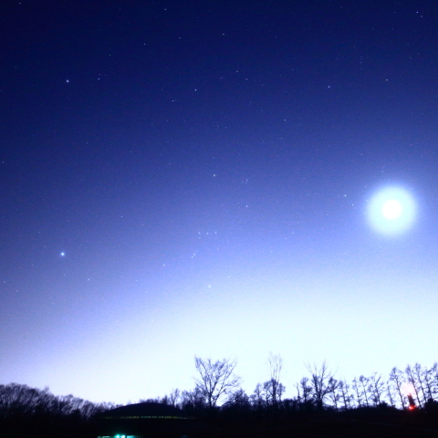 オリオン座、月、プレアデス星団、金星の並んだ夜