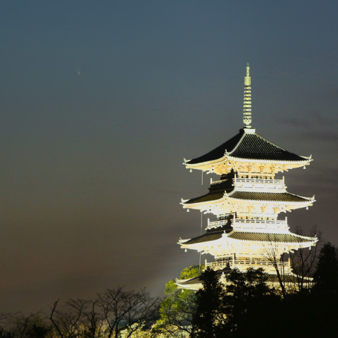 金色の五重塔と彗星