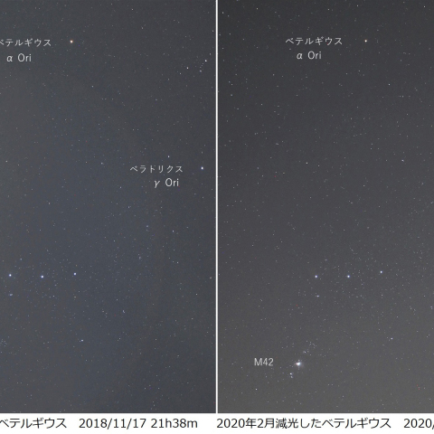 ベテルギウスの減光　2020/2/15（2018/11/17と比較）