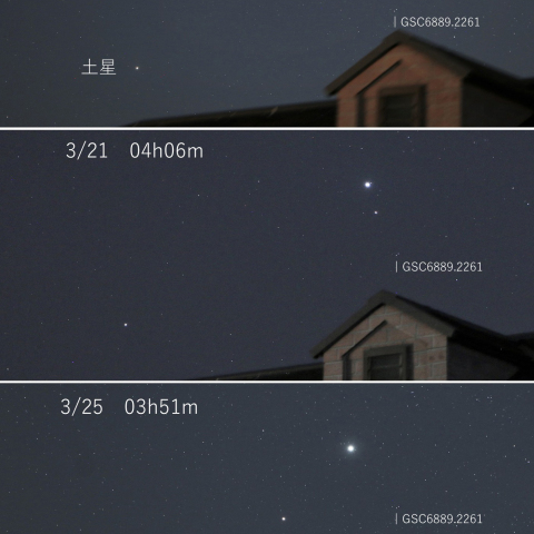 火星・木星・土星の接近と星間の動き　2020/3/17.21.25