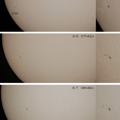 黒点群2765 3日間の変化　2020/6/5～6/7