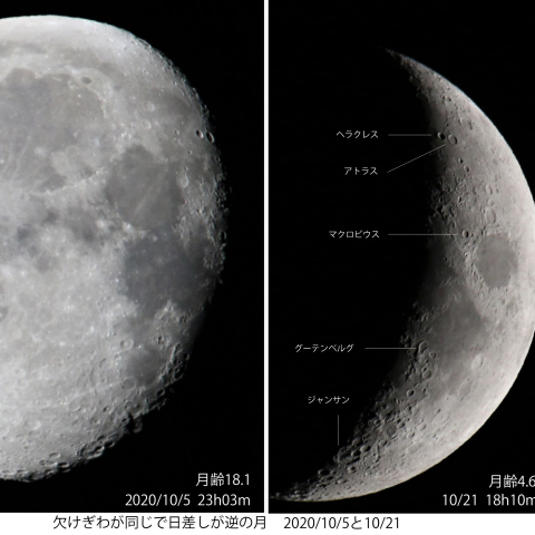月齢18.1・月齢4.6の月　欠けぎわの日差しが逆　2020/10/5・10/21