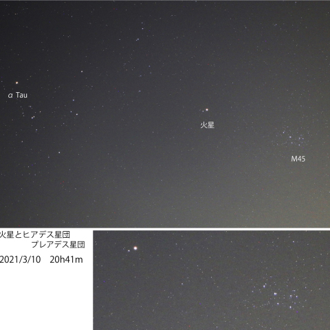 火星とヒアデス・プレアデス星団　2021/3/10