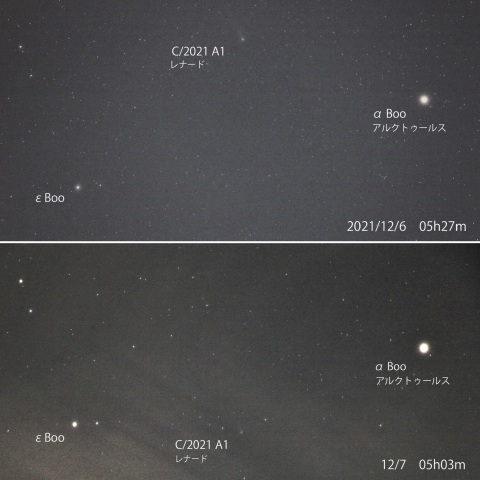 レナード彗星の移動とアルクトゥールス　2021/12/6-7