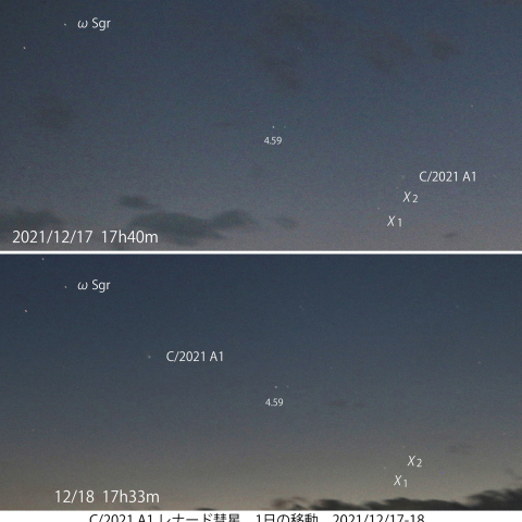 レナード彗星 1日の動き　2021/12/17-18
