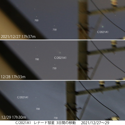レナード彗星　3日間の移動　2021/12/27～29