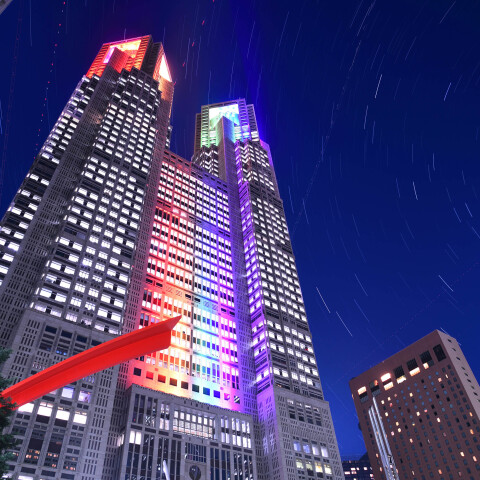 東京都庁レインボーライトアップと星空