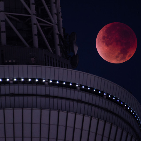 皆既月食(2025年9月8日)、皆既中の月と東京スカイツリー天望デッキ