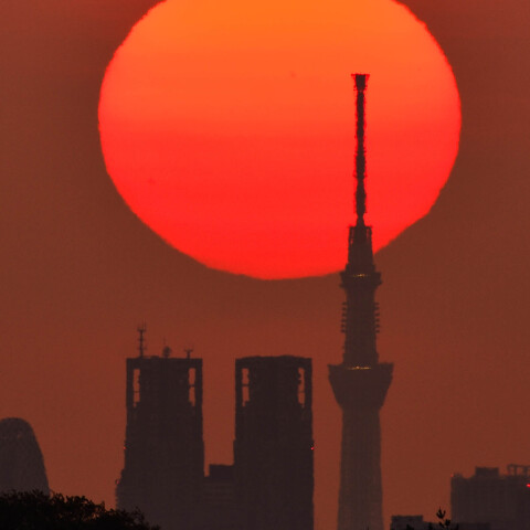 日の出直後の太陽と東京スカイツリーと都庁 東京都多摩市から