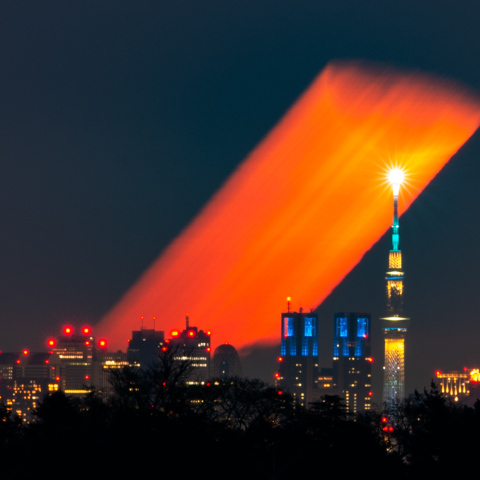 月齢20.3の月出と東京スカイツリーと都庁・新宿高層ビル群 東京都多摩市から