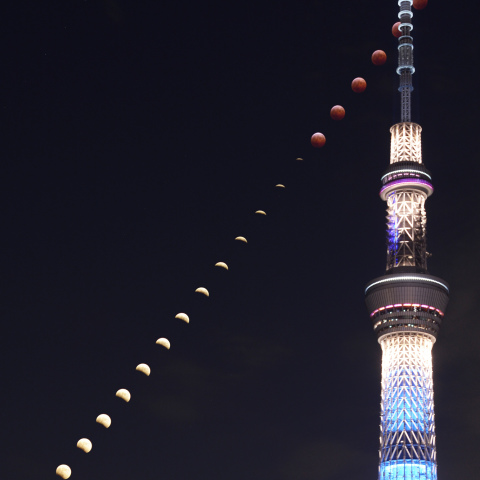 皆既月食(2014年10月8日)の連続写真と東京スカイツリー