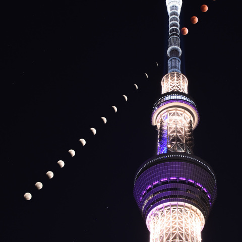 皆既月食(2018年1月31日)の連続写真と東京スカイツリー