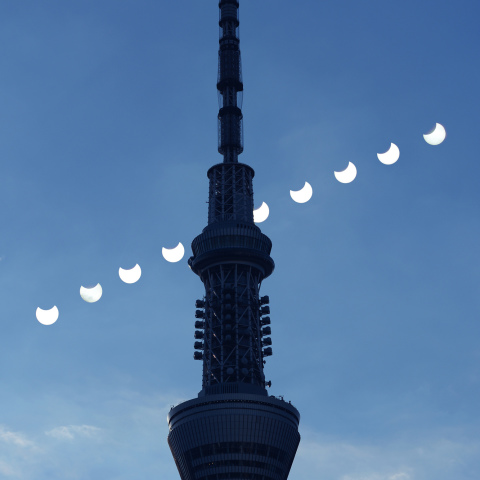 部分日食(2019年1月6日)の連続写真と東京スカイツリー