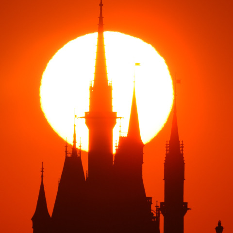 日の出と東京ディズニーランドのシンデレラ城(縦位置