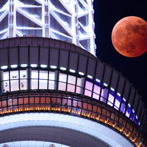 皆既月食(2022年11月8日) 皆既中の月と天王星と東京スカイツリー