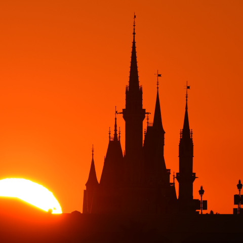 初日の出と東京ディズニーランドのシンデレラ城 葛西臨海公園から