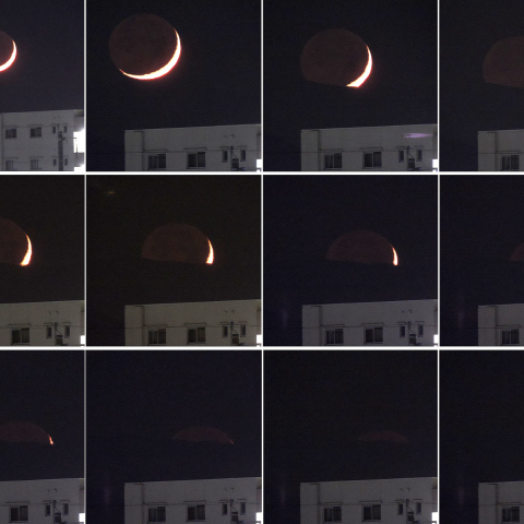 地球照を抱いたまま山並に沈む月齢2.5の三日月