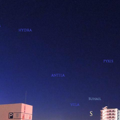 11/18未明　西空に傾くおうし座・オリオンから朝焼けの東空に昇るおとめ座まで