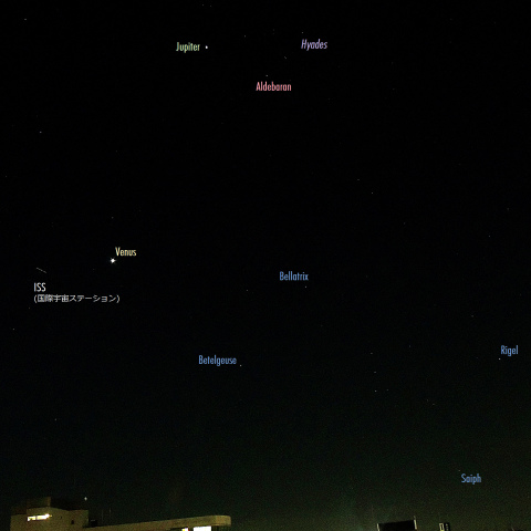 真夏のオリオン座、金星・木星と、偶然写りこんだ国際宇宙ステーション