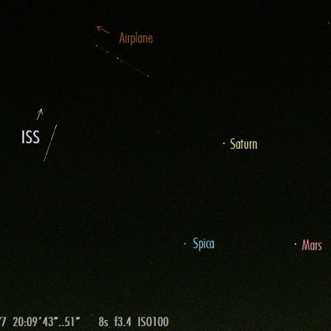 夕空の火星・土星・スピカと、国際宇宙ステーションのコラボ