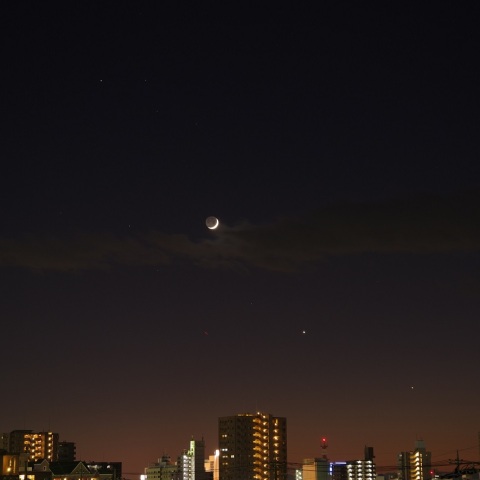 夕空に並ぶ木星・金星・月・土星