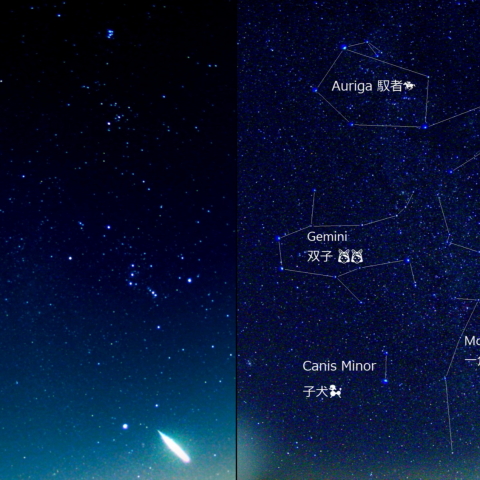 昇るオリオンと流星