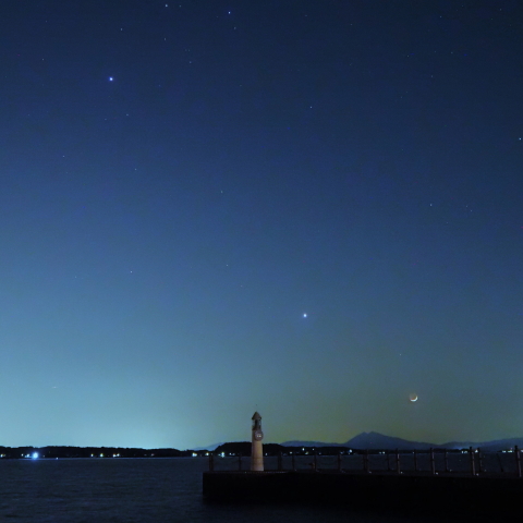 湖畔に沈む月齢1.6, 金星 & 木星 Ⅱ