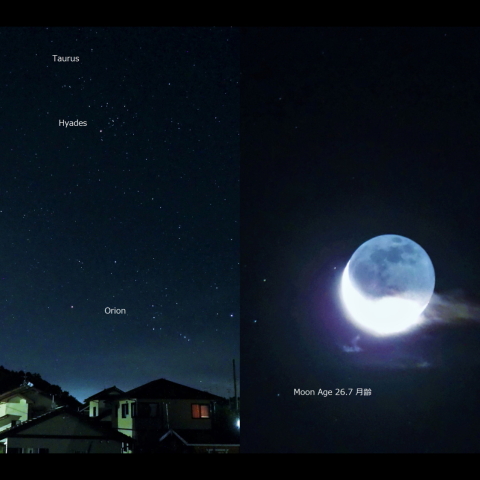 昇る秋冬星座と月齢26.7