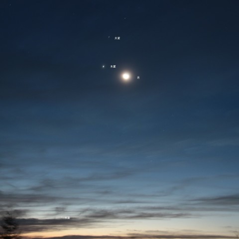 明け方の　月・金星・火星・木星・水星の集合