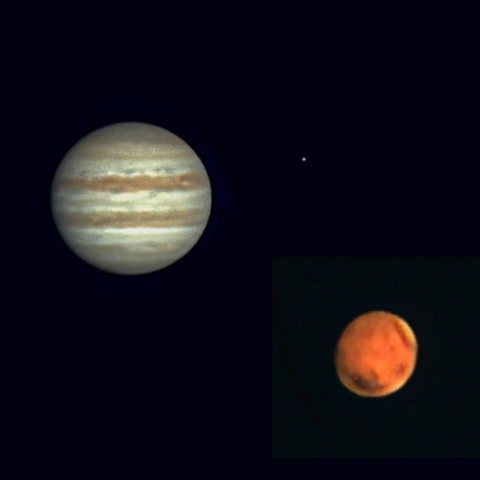 口径10cm屈折による同一夜の木星と火星