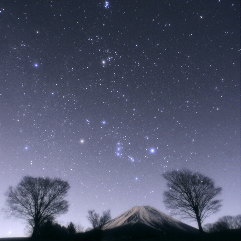 富士に昇る冬の星座とラブジョイ彗星