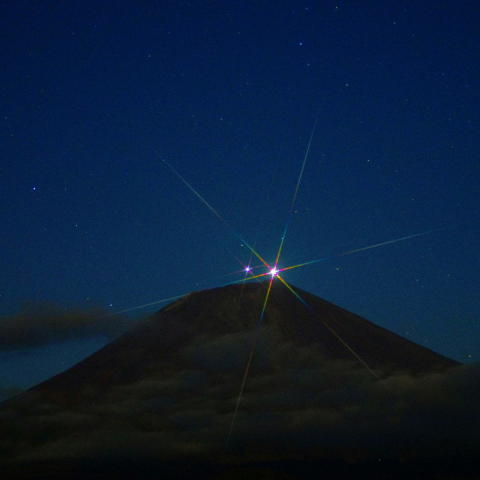 剣が峰に昇る金星と木星