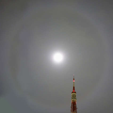 月のかさ雲と東京タワー20110318