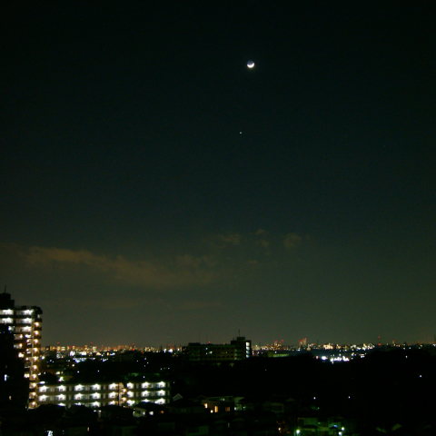 夕暮れ時の月・金星・木星