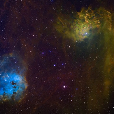 勾玉星雲(IC405)と，おたまじゃくし星雲(IC410 どくろ星雲)