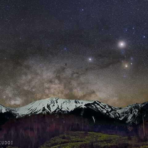 御嶽山と火星、土星、さそり座、いて座