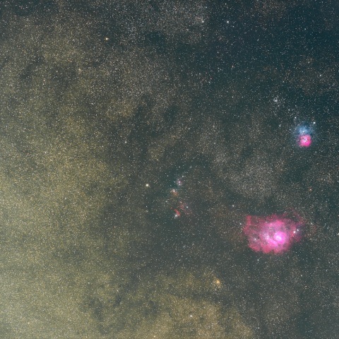 火星とM8（干潟星雲）、M20（三裂星雲）