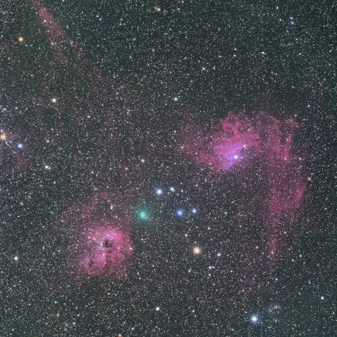 勾玉星雲（IC405＆IC410）とアトラス彗星（C?2020M3）