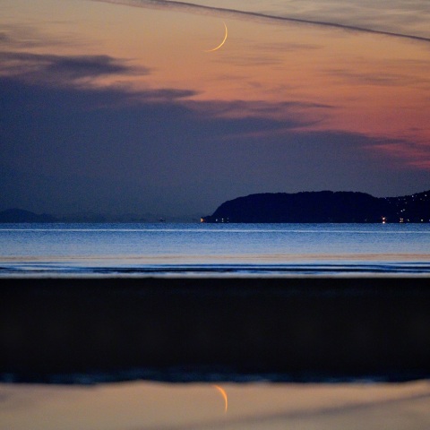 水面に映る細い月