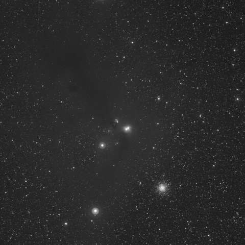NGC6726, NGC6727, NGC6729, IC4812散光星雲とNGC6723球状星団
