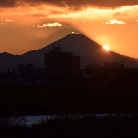 ダイヤモンド富士と三重富士（西斜面への日没）