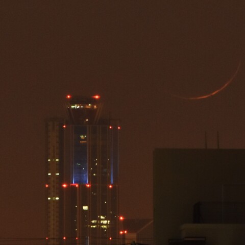 大阪府咲洲庁舎ビルと沈む月 (2022/04/02)