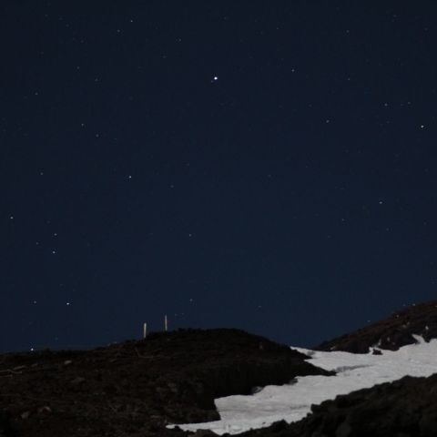 富士山頂に沈むおおぐま座のα星とβ星を見る白い女性