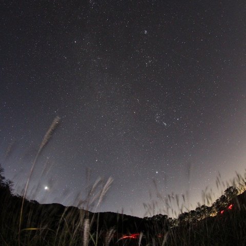 秋の夜明け前の星空