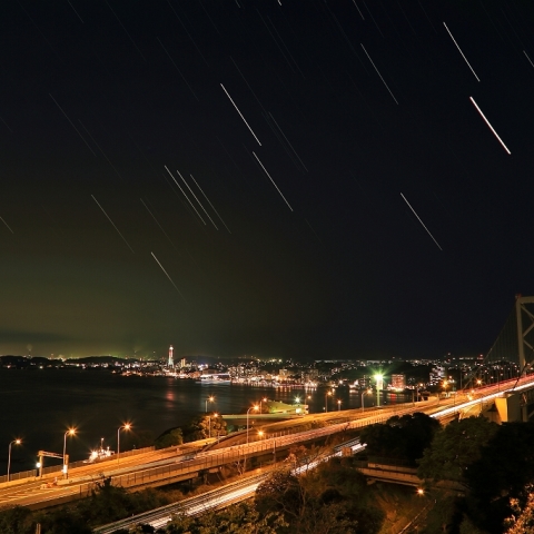 関門海峡に沈むオリオン座・金星